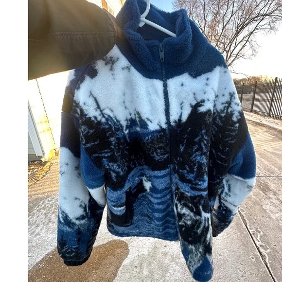 Zara Wolf Landscape Design‎ Borg Teddy Mock Neck Full Zip Fleece Jacket Size M - Picture 15 of 15